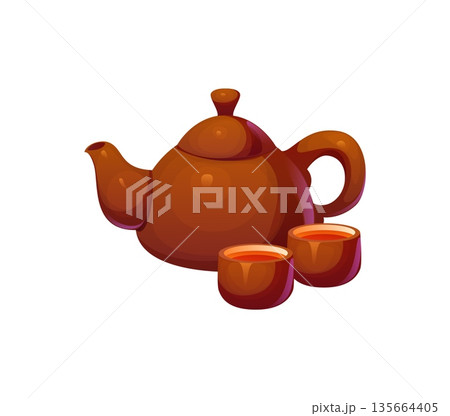 Chinese lunar New Year icon of tea pot and mugs for Asian holiday, vector symbol. Chinese Lunar New Year or Chinatown festival tea ceremony pottery of clay teapot, China culture and tradition symbol 135664405