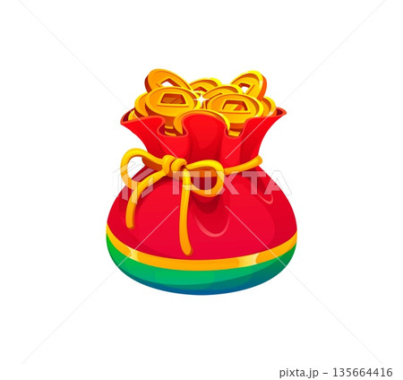 Chinese New Year lucky pouch or happy bag with golden coins, Asian lunar holiday vector symbol. Chinese hebao happy bag or lucky pouch gift full of gold coins money for Chinese New Year and Feng Shui Chinese New Year lucky pouch or happy bag with golden coins, Asian lunar holiday vector symbol. Chinese hebao happy bag or lucky pouch gift full of gold coins money for Chinese New Year and Feng Shui 135664416