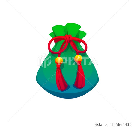 Cartoon Chinese green lucky money bag with red ribbon and tassels representing wealth, prosperity and good fortune. Vector festive Lunar New Year symbol of abundance, success, Asian tradition, culture Cartoon Chinese green lucky money bag with red ribbon and tassels representing wealth, prosperity and good fortune. Vector festive Lunar New Year symbol of abundance, success, Asian tradition, culture 135664430