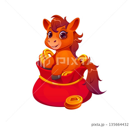 Cartoon horse foal sitting inside red lucky money bag filled with gold coins. Chinese Lunar New Year zodiac animal character symbolizing fortune, prosperity and wealth. Vector cute horoscope symbol 135664432