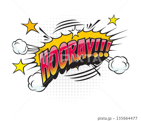 Cartoon pop art hooray comic speech bubble. Speech bubble pop art tag, expression balloon vector label. Text explosion halftone effect with red typography, smoke cloud and bang effect spark star Cartoon pop art hooray comic speech bubble. Speech bubble pop art tag, expression balloon vector label. Text explosion halftone effect with red typography, smoke cloud and bang effect spark star 135664477