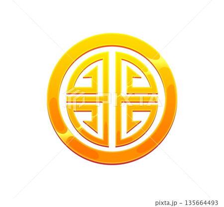 Chinese Lunar New Year golden coin, symbol of luck, prosperity and wealth. Vector game asset with traditional Asian pattern, festive emblem, cultural sign and holiday decoration for CNY celebration Chinese Lunar New Year golden coin, symbol of luck, prosperity and wealth. Vector game asset with traditional Asian pattern, festive emblem, cultural sign and holiday decoration for CNY celebration 135664493