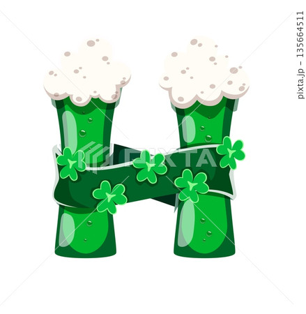 St Patricks font typeset green ale letter H. Spring holiday ABC typeset vector sign, March celebration type symbol. Saint Patrick alphabet letter or Irish folk font element with foamy beer glasses 135664511
