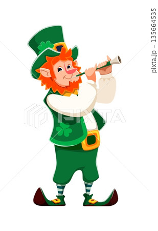 Cartoon funny leprechaun character with an orange beard, in green tall hat featuring a shamrock and curled shoes, happily playing a flute. Cheerful personage embodies happy St Patrick day celebration 135664535