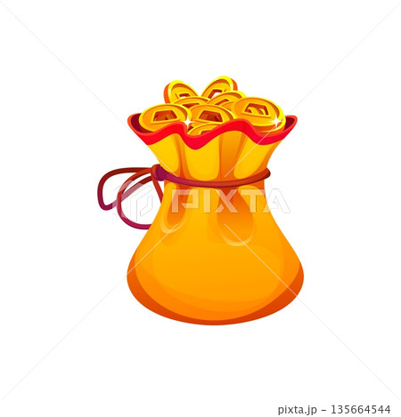 Cartoon Chinese lucky money bag filled with traditional gold coins. Festive Lunar New Year symbol of wealth, prosperity and abundance. Vector fortune pouch tied with ribbon celebrating Asian culture Cartoon Chinese lucky money bag filled with traditional gold coins. Festive Lunar New Year symbol of wealth, prosperity and abundance. Vector fortune pouch tied with ribbon celebrating Asian culture 135664544
