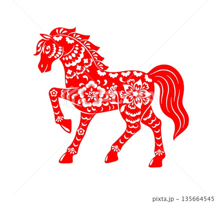 Chinese paper cut red horse Lunar New Year zodiac animal with floral ornament. Retro oriental vector art inspired by Asian culture, festival decoration, traditional holiday celebration symbol of 2026 135664545