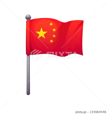 Flag of China icon, Chinese holiday, travel and culture vector symbol. Chinese national flag of People's Republic of China on flagpole for Chinese holiday or national day and patriotic celebration 135664546