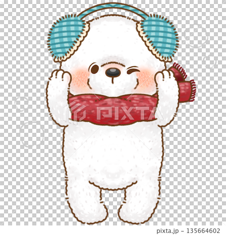 正しい位置で耳当てをするマフラーを巻いたシロクマ 135664602