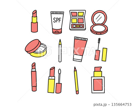 メイク用品イラストセット｜リップ・日焼け止め・アイシャドウなど｜ポップ 135664753