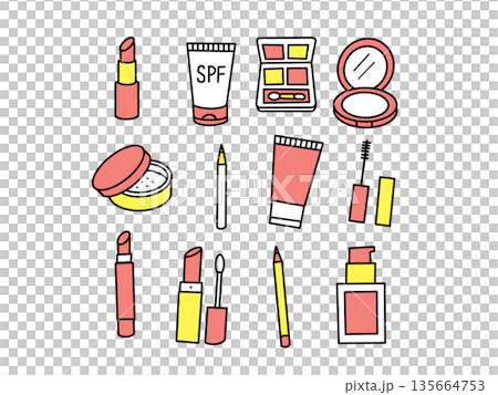 メイク用品イラストセット｜リップ・日焼け止め・アイシャドウなど｜ポップ 135664753