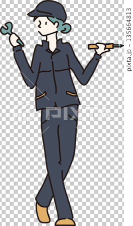 Illustration of a woman in work clothes holding tools 01 Navy blue uniform 135664813