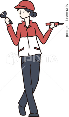 工具を持った作業服の女性のイラスト01　赤色の制服 135664815