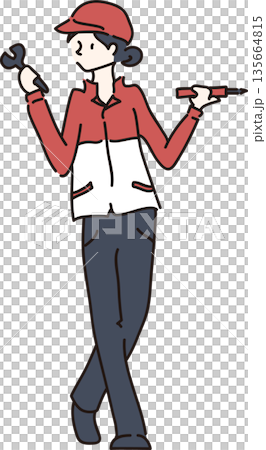 工具を持った作業服の女性のイラスト01　赤色の制服 135664815