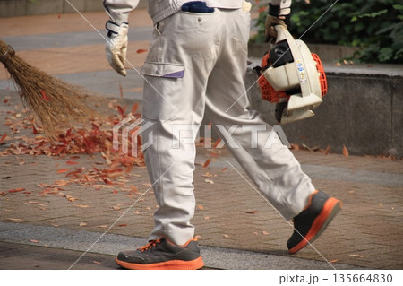 公園で紅葉した落ち葉の清掃をする人(横長) 135664830