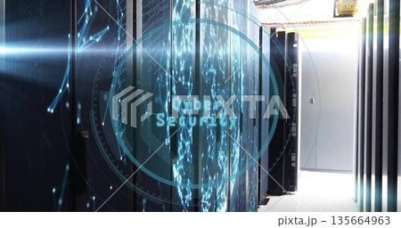 Glowing server racks streaming data visuals in data center corridor, with Cyber Security hologram 135664963