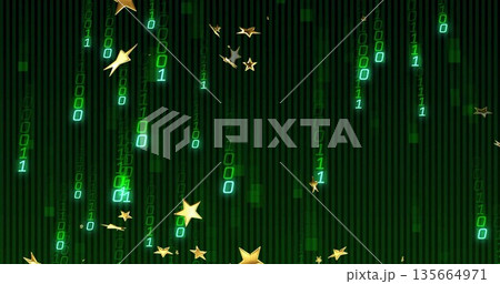 Streaming binary digits cascading in digital field, with gold five-pointed stars and motion trails Streaming binary digits cascading in digital field, with gold five-pointed stars and motion trails 135664971