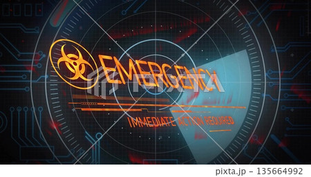 Flashing biohazard alert on panel showing EMERGENCY and IMMEDIATE ACTION REQUIRED amid circuit grid 135664992