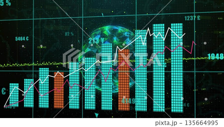 Displaying dashboard at holographic UI, with turquoise orange bars, white magenta lines, globe grid 135664995