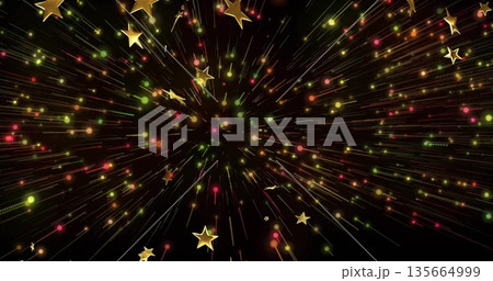 Radiating golden star shapes and multicolored light particles in black space, with light streaks Radiating golden star shapes and multicolored light particles in black space, with light streaks 135664999
