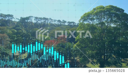 Overlaying hillside under blue sky with translucent grid, candlestick bars, line graph, timestamps Overlaying hillside under blue sky with translucent grid, candlestick bars, line graph, timestamps 135665028