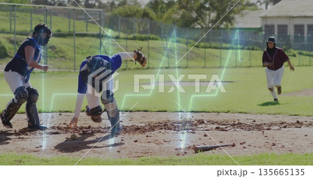 Fielding blue-gear catcher reaching toward home plate at softball field, with bat waveform overlay 135665135