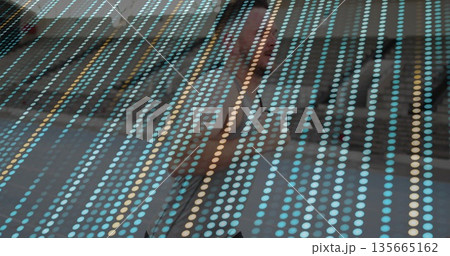 Walking businessman holding bag strap at sidewalk behind dotted panel, with street elements Walking businessman holding bag strap at sidewalk behind dotted panel, with street elements 135665162