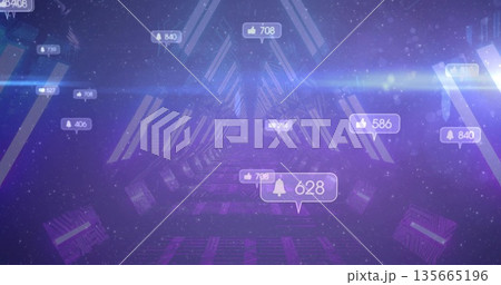 Hovering notification bubble showing bell icon and 628 count in neon tunnel, with glowing panels 135665196