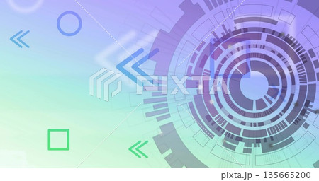 Displaying concentric circular HUD interface over digital UI with arrows and square, copy space 135665200