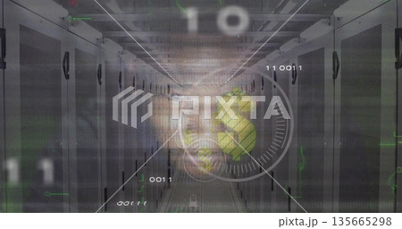 Extending server room corridor showing binary overlays on racks with HUD interface, 3D dollar sign 135665298