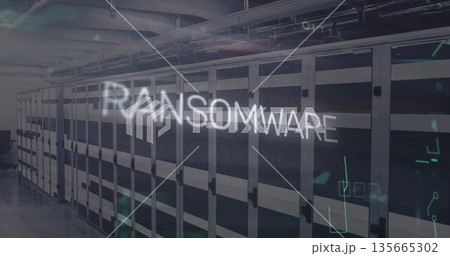 Displaying central server racks extending through data center corridor, with RANSOMWARE overlay Displaying central server racks extending through data center corridor, with RANSOMWARE overlay 135665302