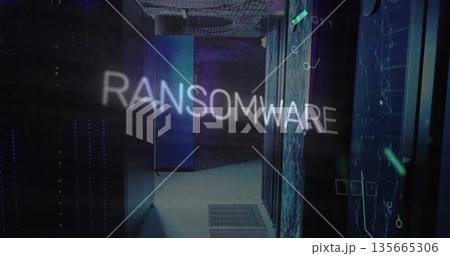 Projecting holographic RANSOMWARE text in data center hall, with server racks, LED lights Projecting holographic RANSOMWARE text in data center hall, with server racks, LED lights 135665306