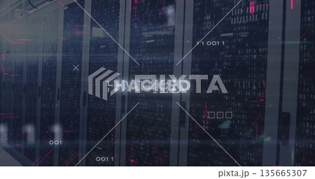 Showing glitchy HACKED text streaming through data center room with server racks and code overlays 135665307