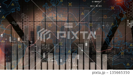 Displaying financial charts with world map overlay on grid window at modern office 135665350