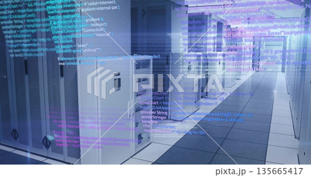 Data center corridor containing server cabinets with cable trays and holographic code overlays 135665417