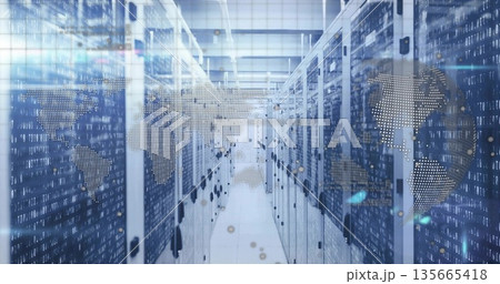 Streaming binary and world map overlay across central server racks in datacenter, with LED lights Streaming binary and world map overlay across central server racks in datacenter, with LED lights 135665418
