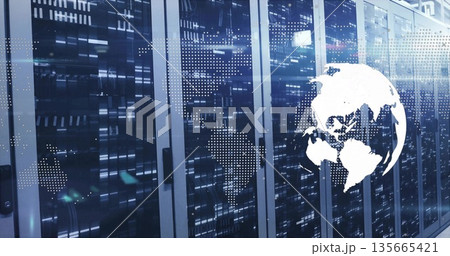 Showing server rack cabinets glowing with LED lights in data center room, with world map overlay Showing server rack cabinets glowing with LED lights in data center room, with world map overlay 135665421