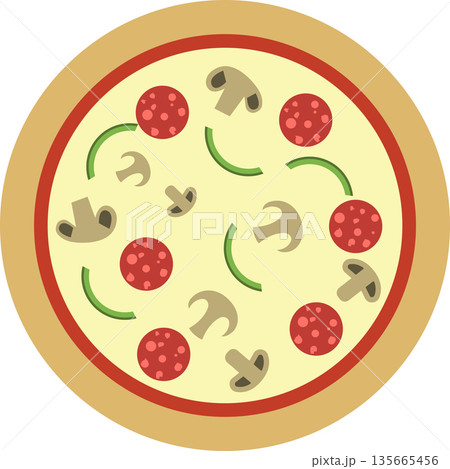Pizza. Pepperoni pizza with mushrooms and bell peppers. Delicious Italian pizza with mozzarella vector illustration. Isolated on white background. Vector cartoon illustration. Pizza. Pepperoni pizza with mushrooms and bell peppers. Delicious Italian pizza with mozzarella vector illustration. Isolated on white background. Vector cartoon illustration. 135665456