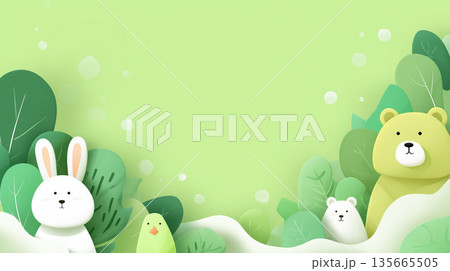 動物と葉っぱのナチュラル背景　子ども向け教育・ファミリー広告に使えるやさしいパステル素材 135665505