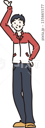 手をあげる作業服の男性のイラスト　赤色の制服 135665577
