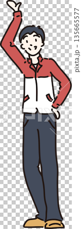 手をあげる作業服の男性のイラスト　赤色の制服 135665577