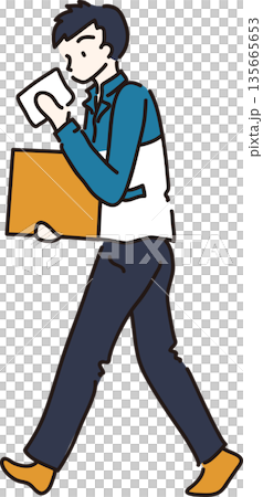 伝票を見ながら箱を運ぶ作業服の男性のイラスト 青色の制服 伝票を見ながら箱を運ぶ作業服の男性のイラスト 青色の制服 135665653