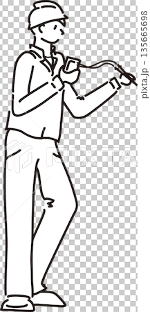 Illustration of a man in work clothes checking with a tester Line drawing 135665698
