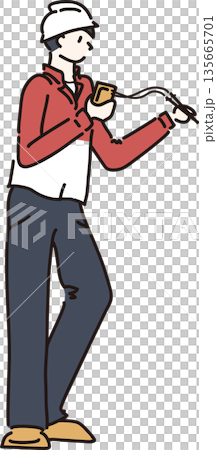 テスターで確認する作業服の男性のイラスト　赤色の制服 135665701