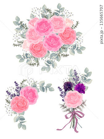 ふんわりラナンキュラスの大人のピンク系フラワーアレンジメントと縁飾りミニブーケのセット 135665707