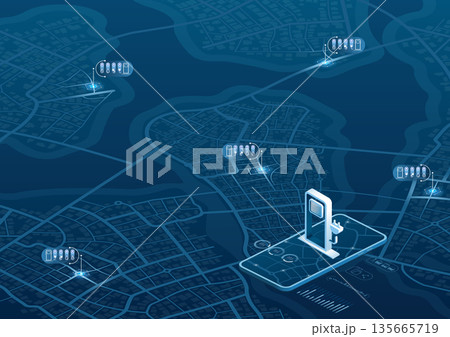 Search charging station online with mobile phone app. Location mark on gps navigation isometric map on smartphone application. POI fast supercharger station. EV destination tag. Vector illustration Search charging station online with mobile phone app. Location mark on gps navigation isometric map on smartphone application. POI fast supercharger station. EV destination tag. Vector illustration 135665719