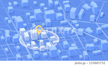 Locator position point. GPS tracking system to navigate around the 3d city landmarks. Detailed city street map with directions to different locations. Vector illustration 135665732