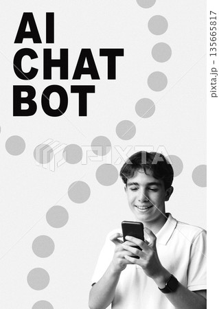 Young person using smartphone with text about AI chat bot in simple design 135665817