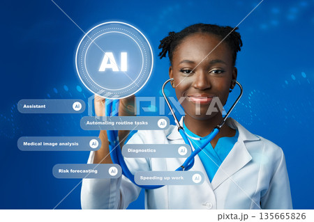 Health worker shows uses of artificial intelligence in medical tasks at health facility Health worker shows uses of artificial intelligence in medical tasks at health facility 135665826