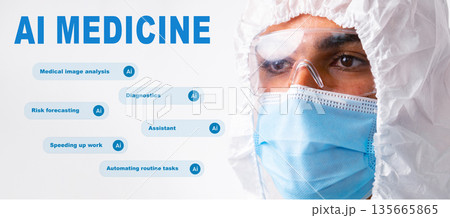 Healthcare professional discusses AI medicine applications in diagnostics and medical tasks 135665865