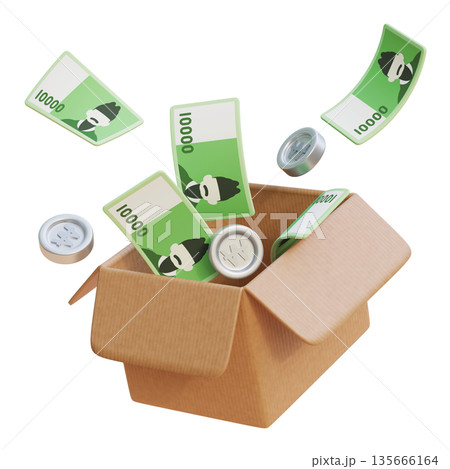 3D Render of 10,000 Korean Won Bills Popping Out of a Delivery Box 135666164